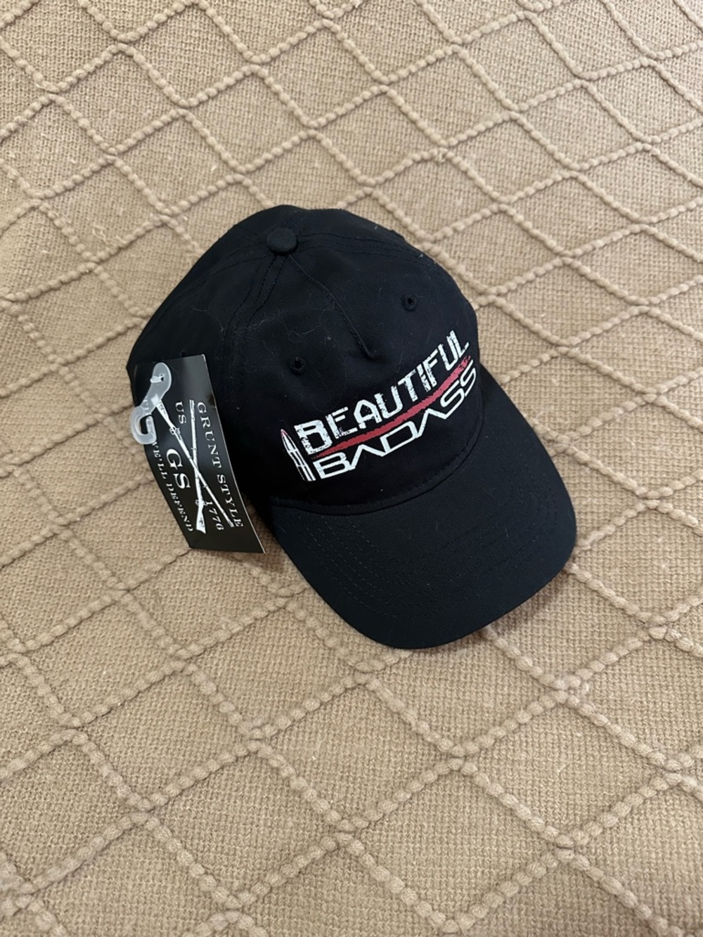 Grunt Style Black Baseball Cap with White and Red "Beautiful Badass" Embroidery